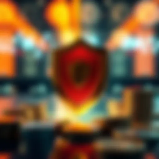 A visual representation of exchange protection funds with a shield symbolizing security and coins representing money, illustrating the idea of insurance in trading platforms.