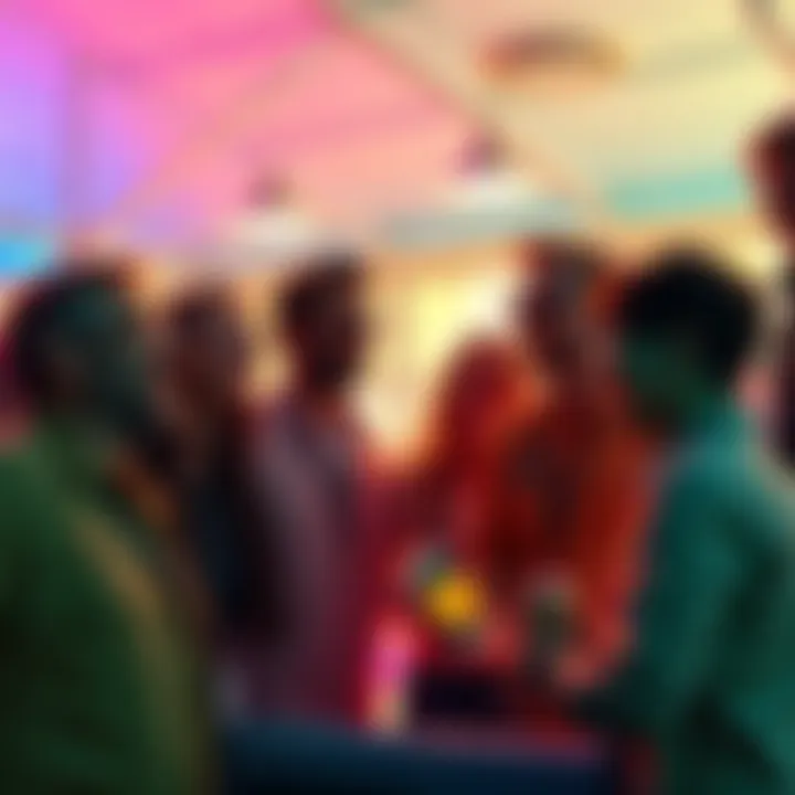 Group of happy altcoin holders discussing market predictions and celebrating potential price movements in a vibrant setting.