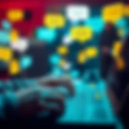 A person eagerly typing on a keyboard with a smile, surrounded by chat bubbles representing online discussions