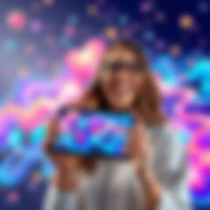 A person smiling while holding a digital display of their first NFT art piece, surrounded by colorful digital art in the background.