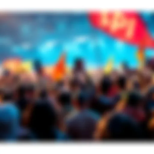 A diverse crowd gathered, eagerly discussing the upcoming $PI cryptocurrency launch, with banners and phones raised in anticipation.