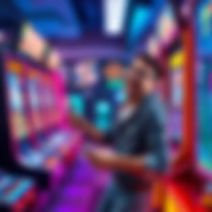 A player joyfully standing at an arcade machine, surrounded by colorful lights and game screens, holding a gift card, ready to play.