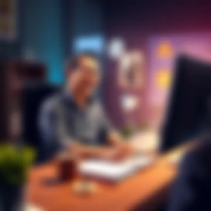 A person sitting at a desk with a computer, looking enthusiastic about their recent investment in FBTC, with a notepad and coffee cup nearby, engaging in online discussions with others.