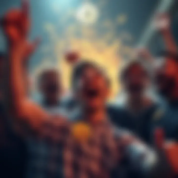 A group of enthusiastic young men celebrating their investment in cryptocurrency, showing excitement and energy.