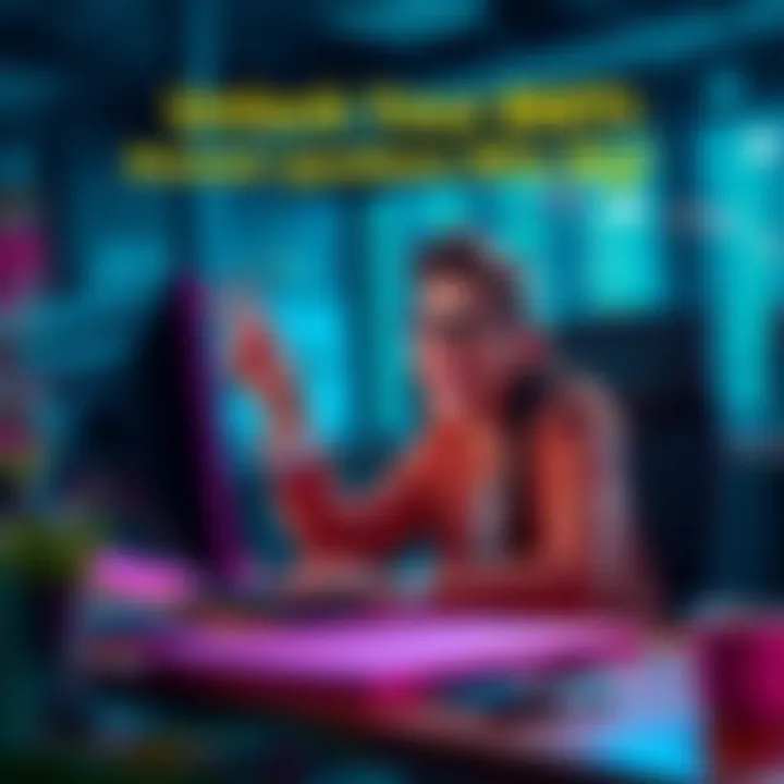 A cheerful person sits at a desk, eagerly answering questions on a computer to unlock BMTI rewards
