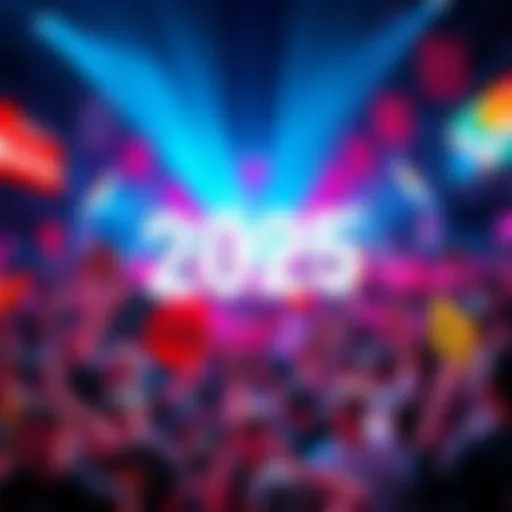 A vibrant crowd celebrating upcoming events in 2025 with signs and banners, showing enthusiasm and energy.