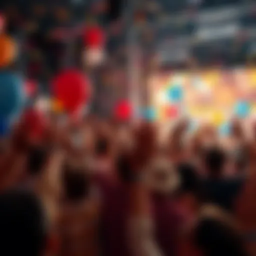 Crowd of people celebrating with confetti and balloons as they await an important announcement.