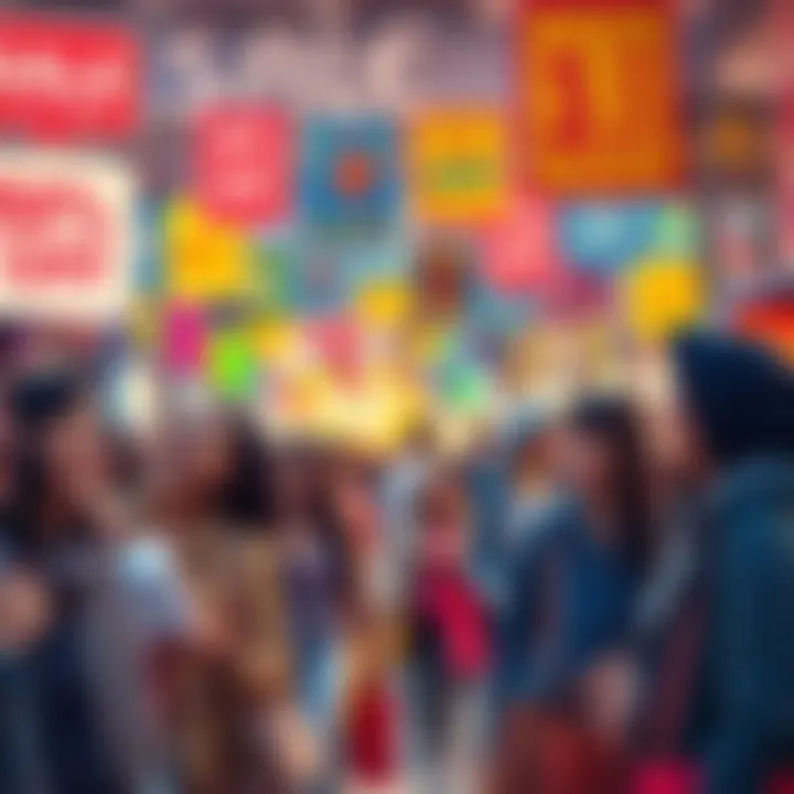 A vibrant scene of people laughing and shopping, surrounded by colorful signs advertising discounts and sales.