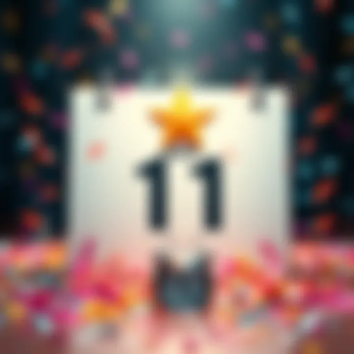 A calendar page showing July 11th marked with a star, surrounded by confetti and a clock counting down.