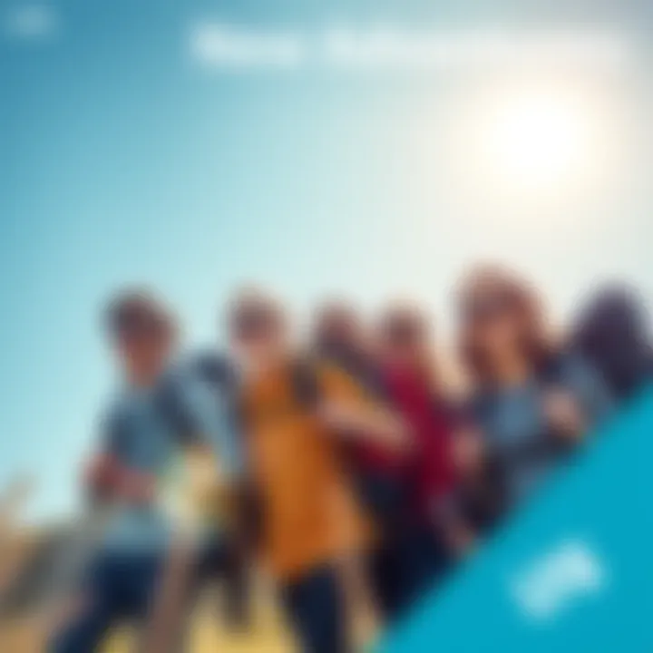 A group of friends eagerly preparing for an adventure outdoors, with backpacks and smiles, under a bright blue sky.