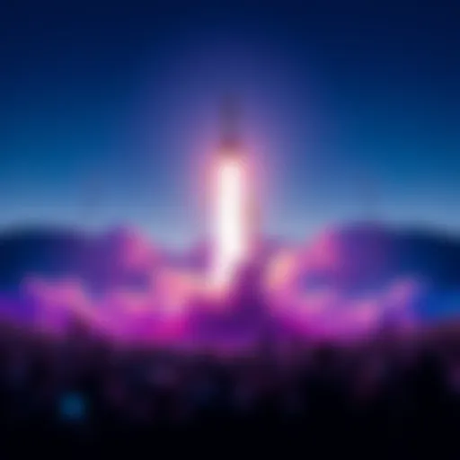 A rocket launching into the sky with crowds cheering below, symbolizing excitement for new technology.