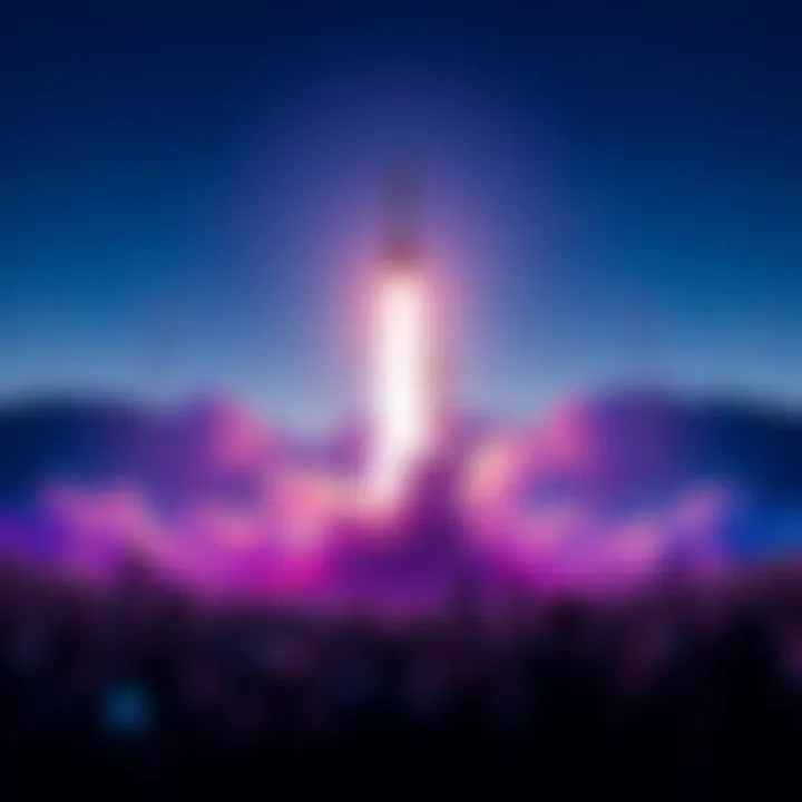 A rocket launching into the sky with crowds cheering below, symbolizing excitement for new technology.