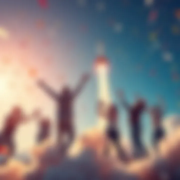 A group of people celebrating and launching new ventures into the sky with rockets and confetti
