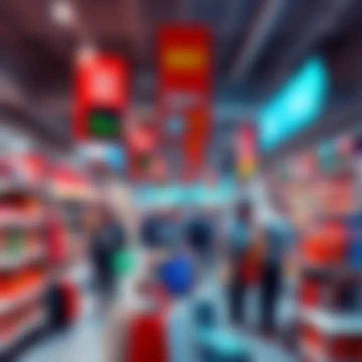 A vibrant display of discounted products in a store with shoppers eagerly picking items, showcasing a strong sale atmosphere.