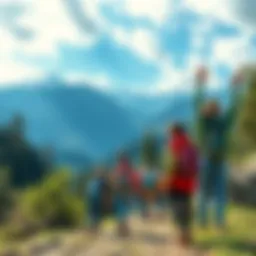 A group of travelers enjoying an outdoor adventure in a scenic location with mountains and trees