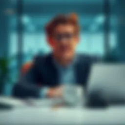 A tired individual sitting at a desk, appearing overwhelmed by work, with a coffee cup nearby.