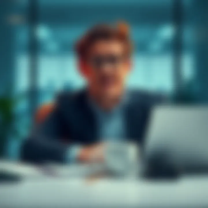A tired individual sitting at a desk, appearing overwhelmed by work, with a coffee cup nearby.