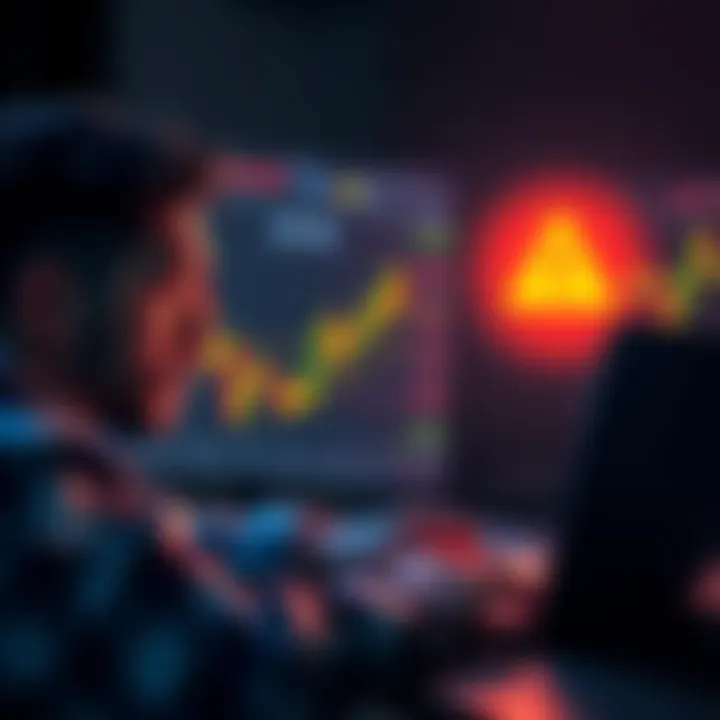 A person looking worried while using a laptop, with crypto charts and a warning symbol on the screen, illustrating the loss from a malicious token.