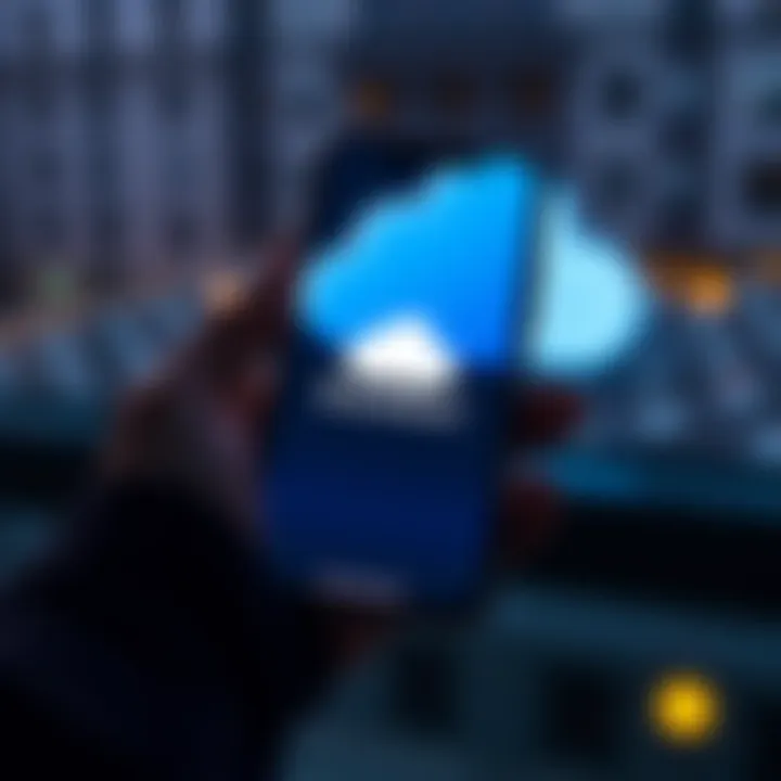 A person holding a smartphone displaying the Exodus wallet app with iCloud logo in the background, symbolizing wallet backup and security.