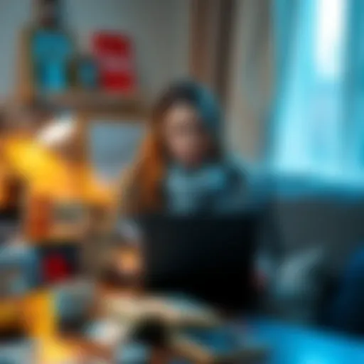 A Moscow-born expat mom in Belgium holding a laptop, researching crypto trading, surrounded by family photos and educational materials, seeking advice on low-risk strategies.