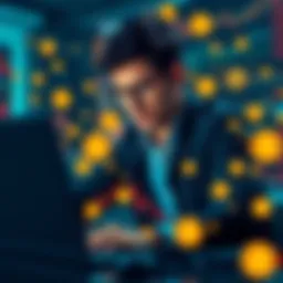 A confident crypto trader reviewing charts on a laptop, surrounded by digital currency symbols, illustrating the risks of overconfidence in trading.