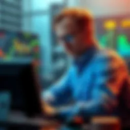 An expert analyzing market trends on a computer, with charts indicating a potential rise to 3k for a specific coin.