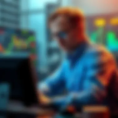 An expert analyzing market trends on a computer, with charts indicating a potential rise to 3k for a specific coin.