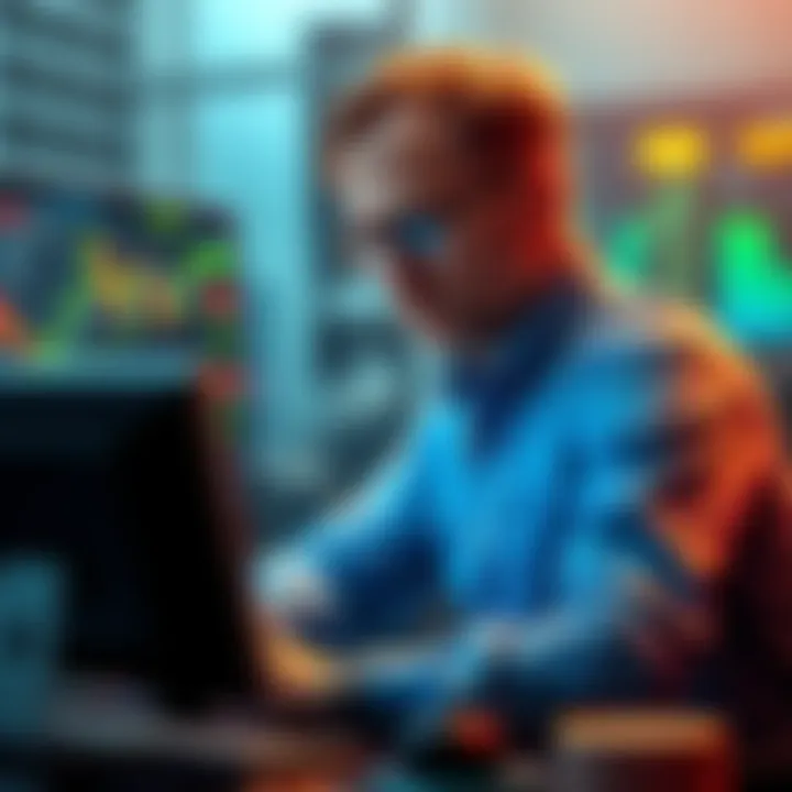An expert analyzing market trends on a computer, with charts indicating a potential rise to 3k for a specific coin.