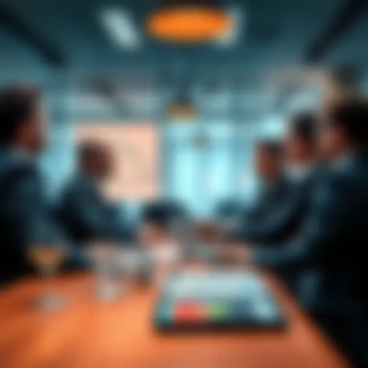 A group of financial analysts discussing strategies for investment growth in a conference room.