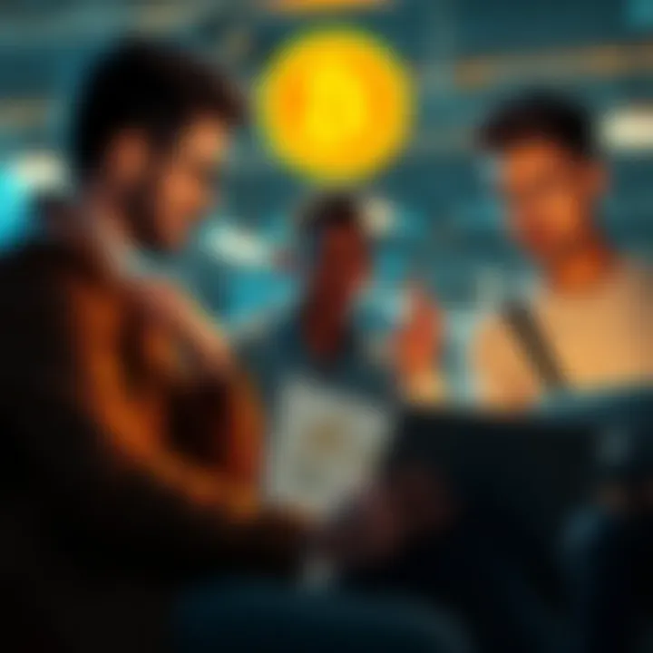 Person explaining Bitcoin using simple drawings and a laptop to friends