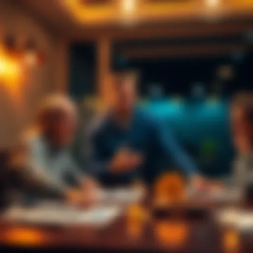 A person explaining Bitcoin to family at a dining table with charts and coins visible