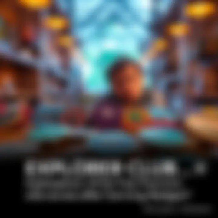 A collection of colorful Explorer Club badges displayed on a wooden table, with a curious person looking at them.