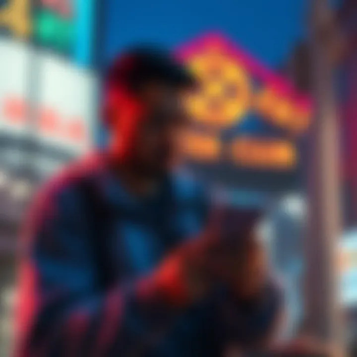 A person checking their phone for rent boost notifications with an Explorer Club logo in the background.
