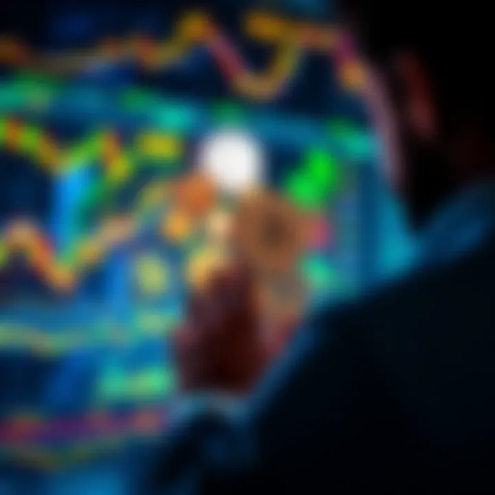 A person analyzing various alt coins on a digital screen, surrounded by financial charts and graphs, representing investment strategies.