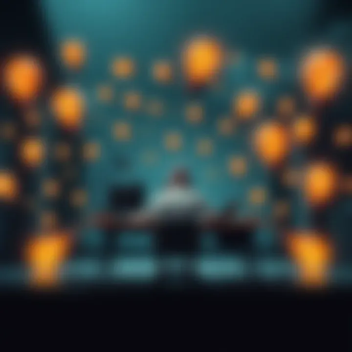 Exploring Complex Thoughts A person sitting at a desk surrounded by floating question marks and light bulbs, symbolizing curiosity and critical thinking.