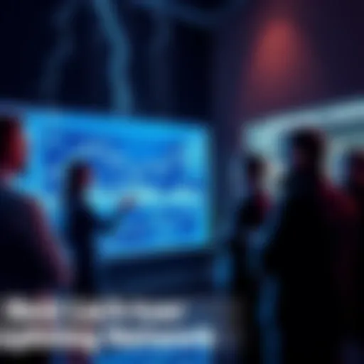 A group of people discussing the Lightning Network, showcasing charts and graphs on a screen to illustrate fast, secure transactions.