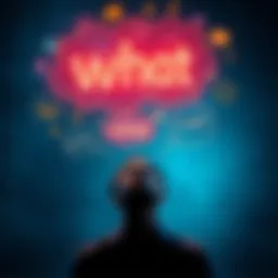 A person pondering the word 'what' with thought bubbles showing various ideas and topics around them.