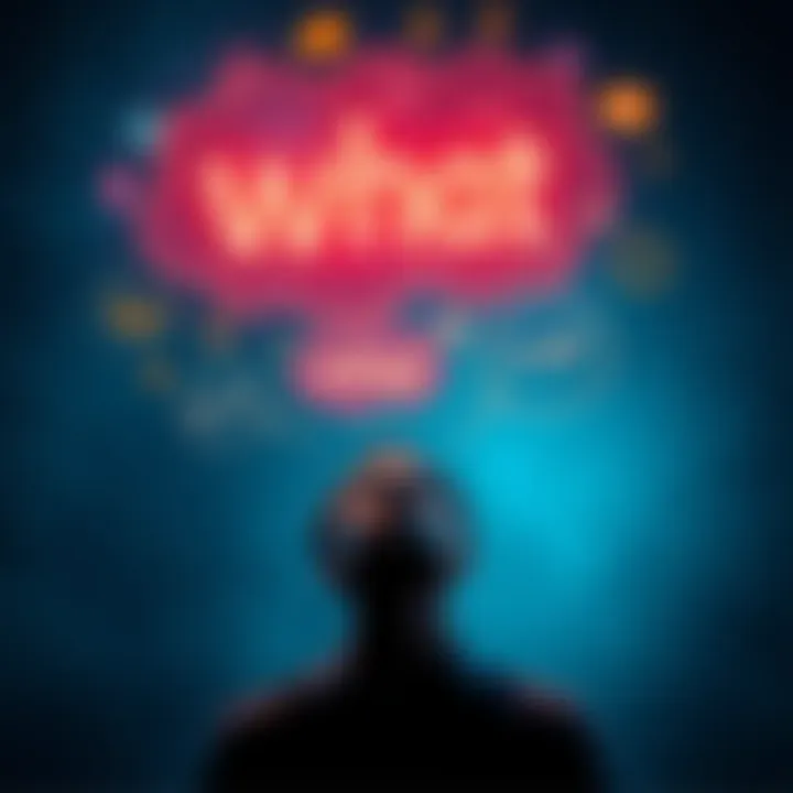 Exploring the Concept of What A person pondering the word 'what' with thought bubbles showing various ideas and topics around them.