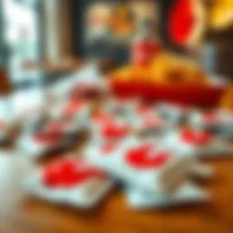 A close-up of multiple ketchup packets scattered on a dining table with a fast food meal in the background.