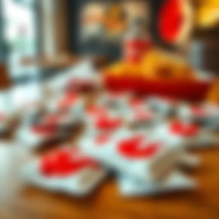 A close-up of multiple ketchup packets scattered on a dining table with a fast food meal in the background.