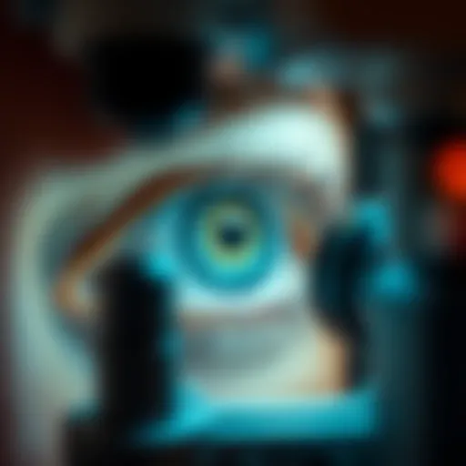 A close-up of an eye being examined with advanced technology, showing the device focusing on the eye, highlighting its importance in health checks.