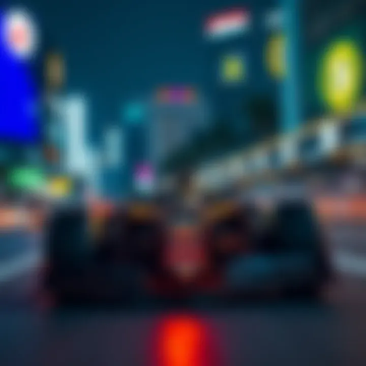 A sleek F1 car racing through the streets of Singapore, with vibrant cryptocurrency logos in the background, showcasing the blend of technology and speed during the Token 2049 event.