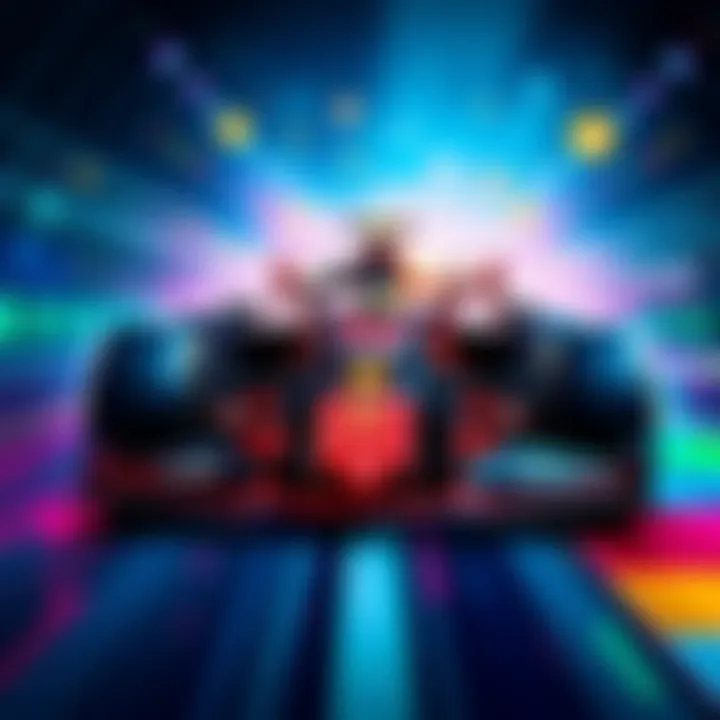 A Formula 1 car adorned with logos of cryptocurrency sponsors, racing on a vibrant track with digital currency symbols in the background.