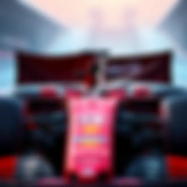 F1 Race Cancellation Impact A Formula 1 car with a broken sponsorship banner, symbolizing the threat to crypto deals from Middle East race cancellations.