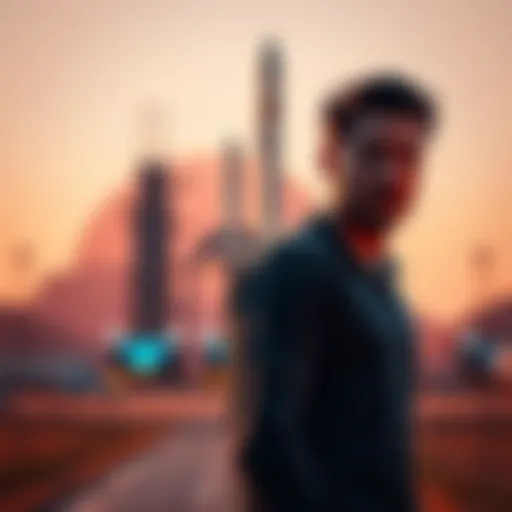 The founder of F2Pool, depicted as a determined individual, stands in front of a SpaceX rocket ready for launch, symbolizing the fusion of cryptocurrency and space exploration.