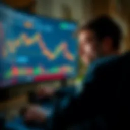 A person looking worried while watching a cryptocurrency chart on a screen, showing sharp declines in prices, with digital coins scattered around.