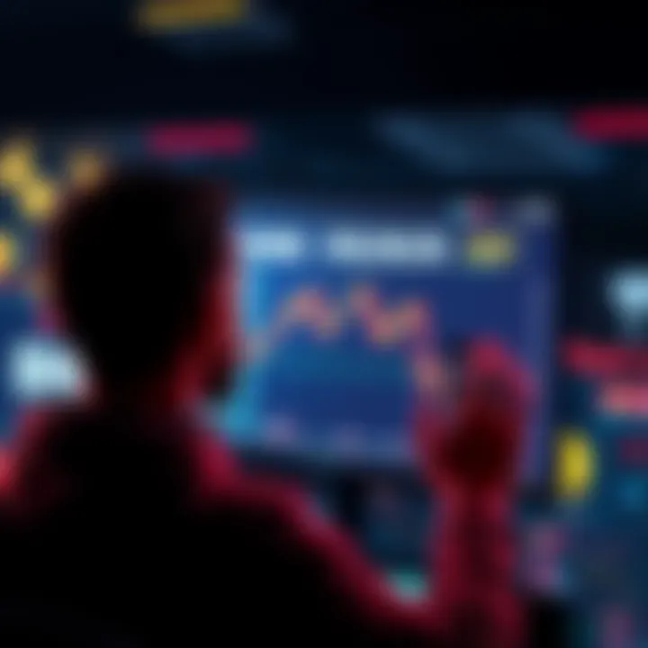 A person looking at declining memecoin prices on a digital screen, with tokens like DOGE and SHIB in the background