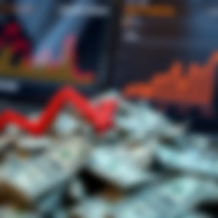 Failed Investment Projects A pile of money with a red downward arrow, symbolizing loss and wasted investments, alongside charts showing declining financial performance.