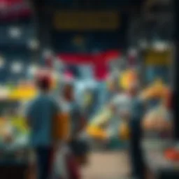 A market scene showing consumers and sellers discussing prices at a stall, with various goods displayed.