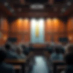 A courtroom setting with people gathered for a fairness hearing regarding a settlement agreement.